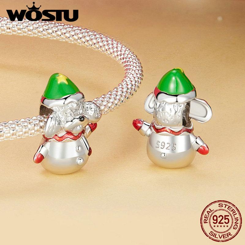 WOSTU 925 Silver Christmas Tree Car Beads Elk Snowflake Charm Snowman Puppy Cat Pendant Fit DIY Bracelet Necklace Cute Xmas Gift