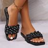 Rhinestone Open-toed Slippers Women's Summer New Fashionable Versatile Flat-bottomed Square-head Cool Slippers