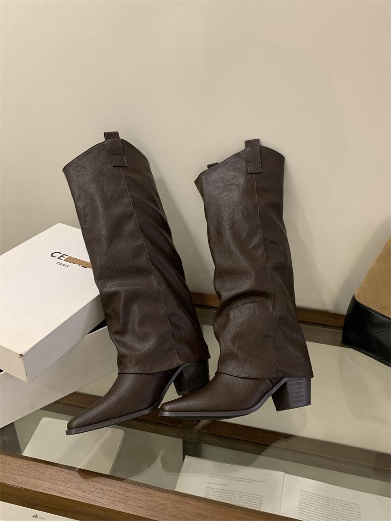 

Wasteland leather high-heeled trouser boots women s long black boots autumn and winter new thick-heeled pointed knight boots 40 коричневый