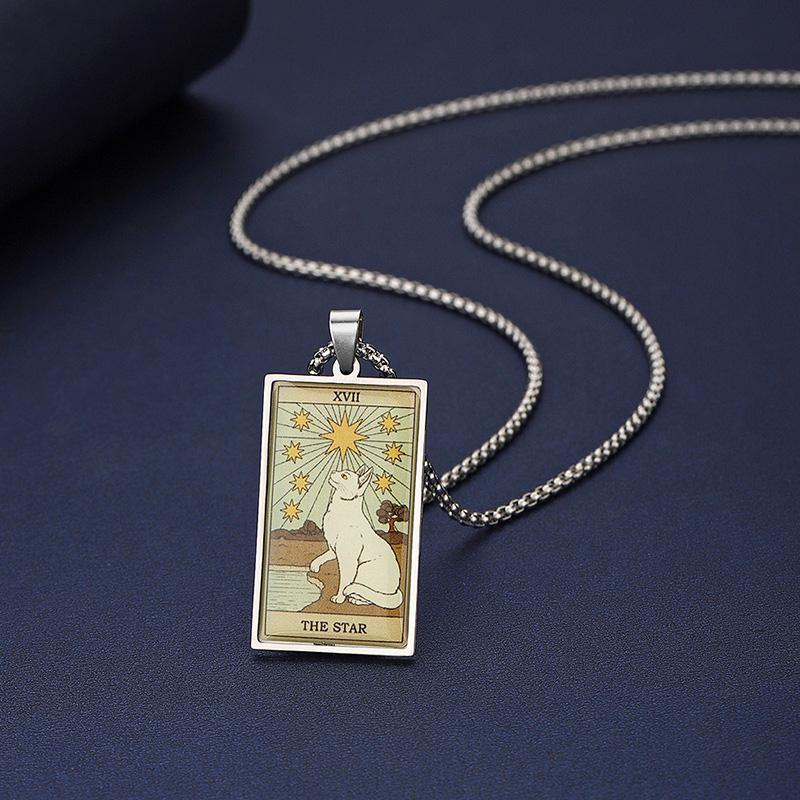 Stainless Steel Epoxy Cat Tarot Card Pendant Necklace For Men Boys Animal Divination Jewelry