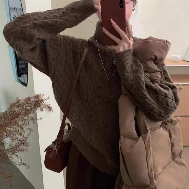 Retro twist turtleneck pullover bottoming sweater women's autumn and winter new soft waxy loose lazy knitted sweater top