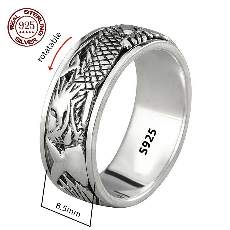 12mm Width Real S925 Silver Lucky Dragon Double Layer Rotatable Closed Dragon Ring For Man Woman Fiine Jewelry Gift