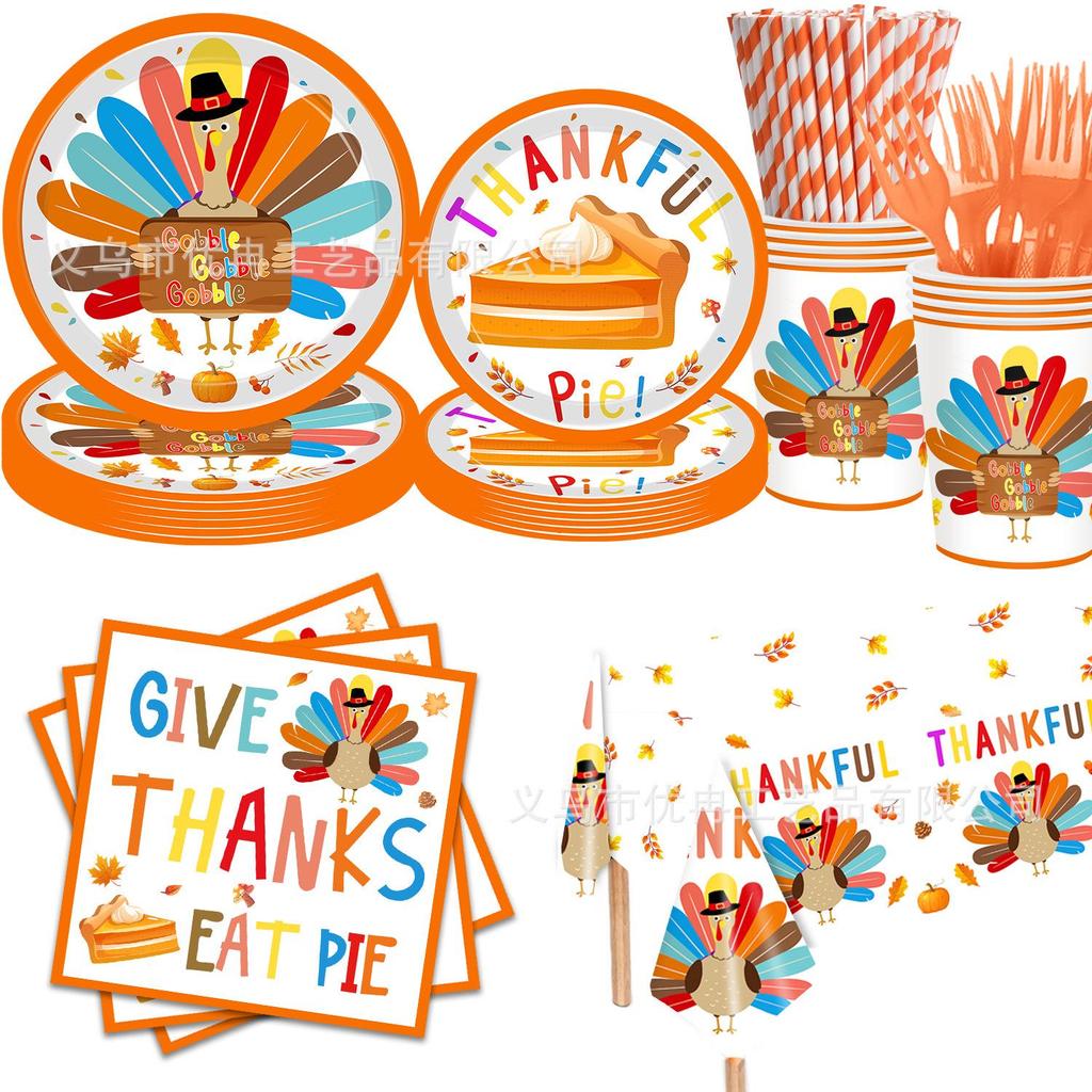 Thanksgiving Turkey Autumn Disposable Party Set: Plates, Tablecloth & Napkins