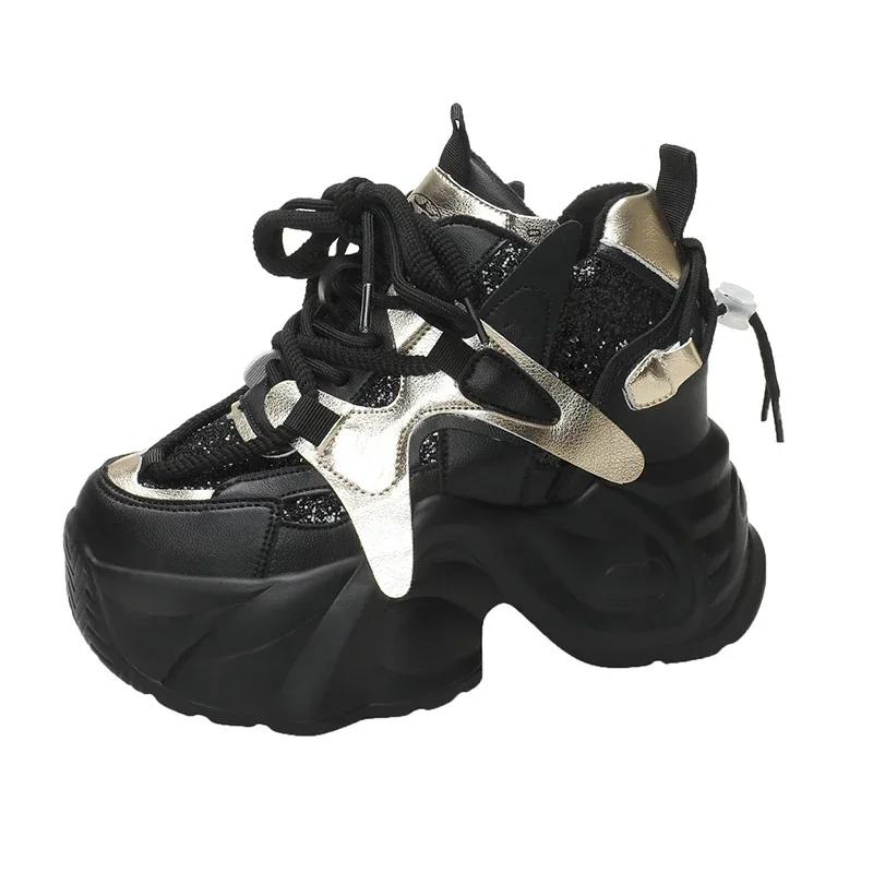 Fashion Women Bling Chunky Sneakers NEW Winter High Platform Warm Fur Shoes Ladies Wedges Casual Dad Shoes Leather Sports Sneakers 7.5CM