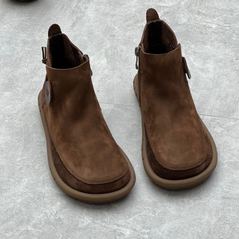Retro Women Flat Short Boots Genuine Leather Shoes Handmade Round Toe Solid Color Ankle Boots