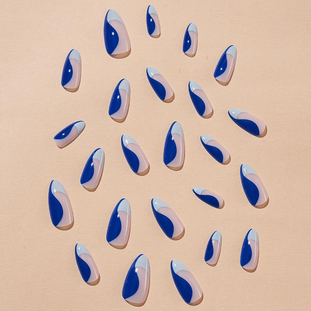 Almond Shape French Blue Stripe Removable Wearable Nail Patches