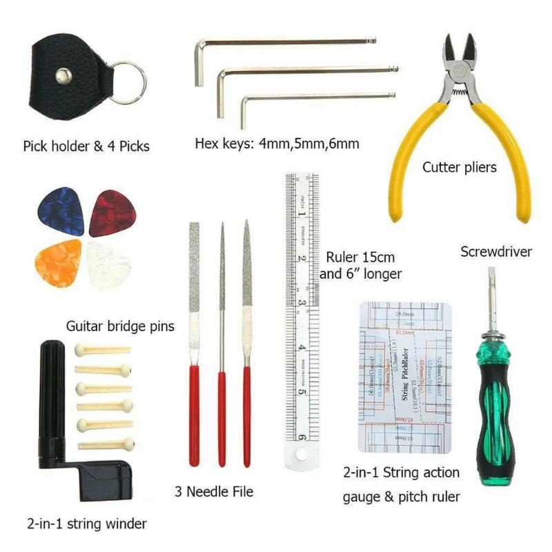 Complete Luthier Tool Package Suitable for Guitar Bass Maintenance Featuring Adjustable Wrenches Measurement Devices