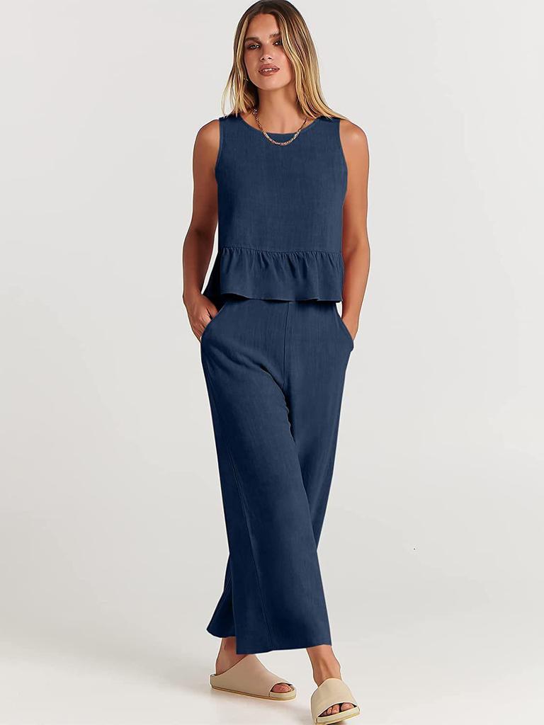 2025 Summer Women's Sleeveless Ruched Vest & Wide-Leg Cropped Pants Set