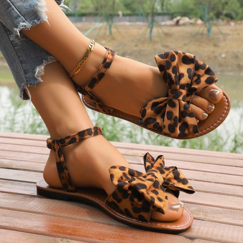 Summer New Leopard Bow Sandals Plus Size Round Toe Open Toe Casual Breathable Soft Sole Non-Slip Women's Flats