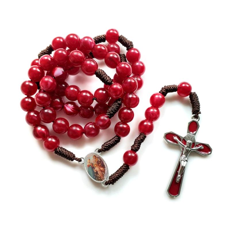 10mm Acrylic Bead Rosary Necklace Vintage Weave Catholic Religious Cross Jesus Pendant Necklaces for Men Women Jewelry Charm