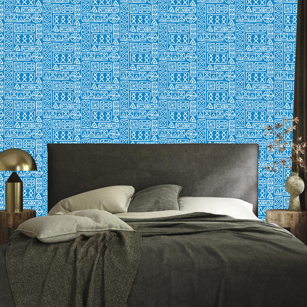 Polynesian Geometric Pattern Wallpaper Azure and Blue 50x1000