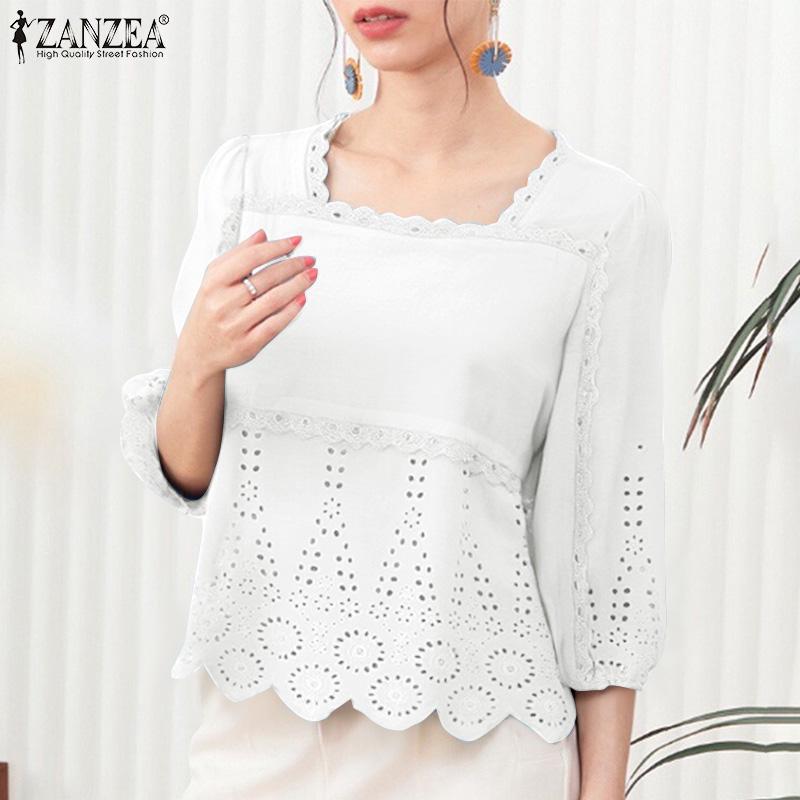 ZANZEA Women Square Collar Summer Hollow Embroidered Casual 3/4 Sleeve Blouse