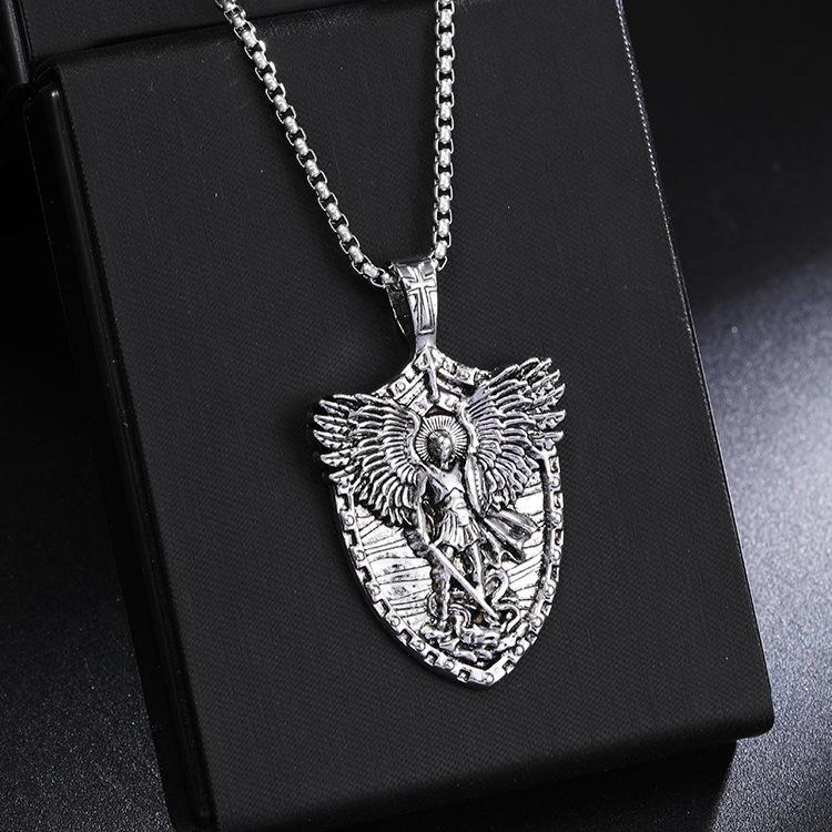 Saint Michael Men's Vintage Shield Titanium Steel Angel Ornament Pendant Necklace