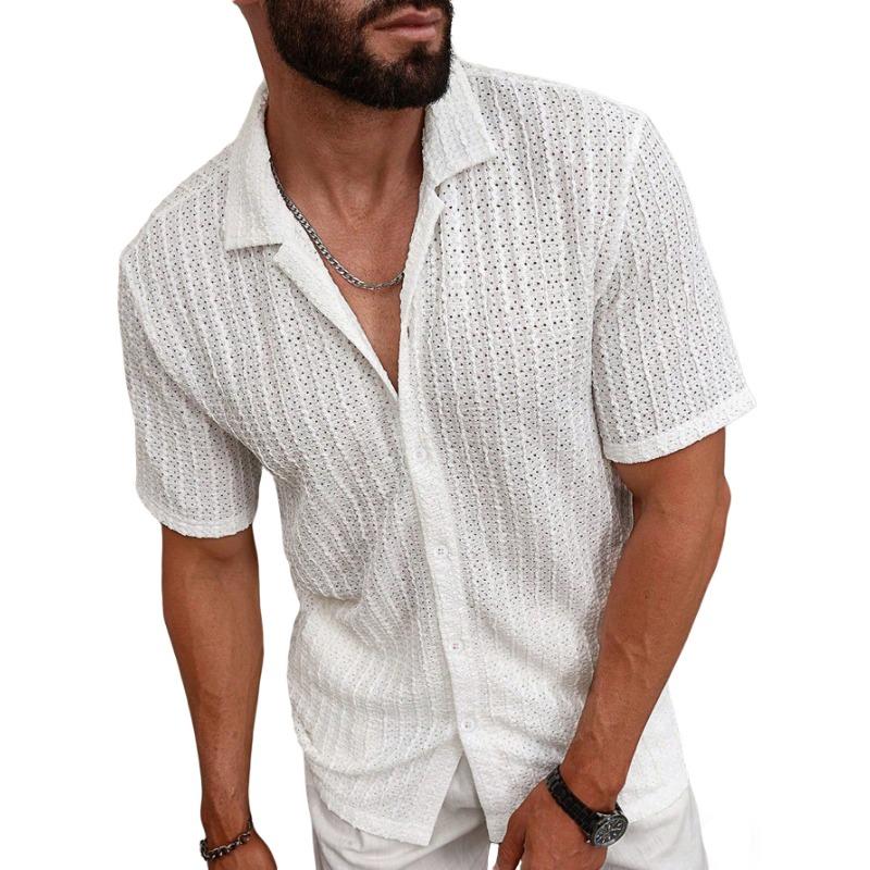 Mens Casual Short Sleeve Cuban Collar Textured Shirt