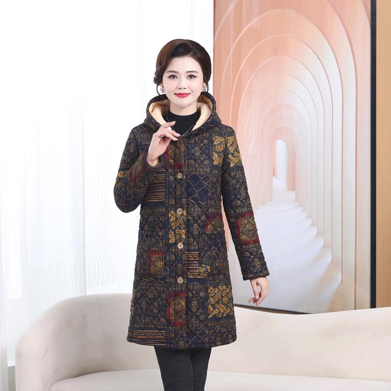 

Mid-Aged & Elderly Women s Plus Velvet Hooded Winter Cotton Coat - Mid-Length, Thickened, Plus Size 4XL (Recommended: 135-150 kg) темно-синий