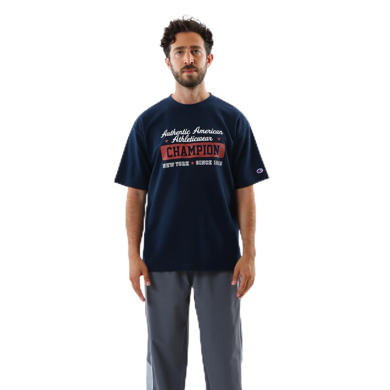 

Champion Short Sleeve Crew Neck UV Graphic Logo Pocket Dark Men s T-Shirt, Quick-Drying, Protection, Water-Repellent, Print, T-Shirt, Navy, C3-ZS317