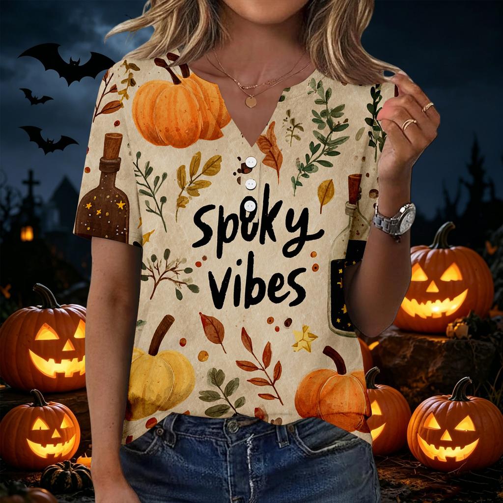 Women's Casual Halloween Print V Neck Short Sleeve Button Down T Shirt