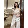 2026 SS Women's Elegant Apricot Pleated Two-Piece: Off-Shoulder Top & Wide-Leg Floor-Length Pants