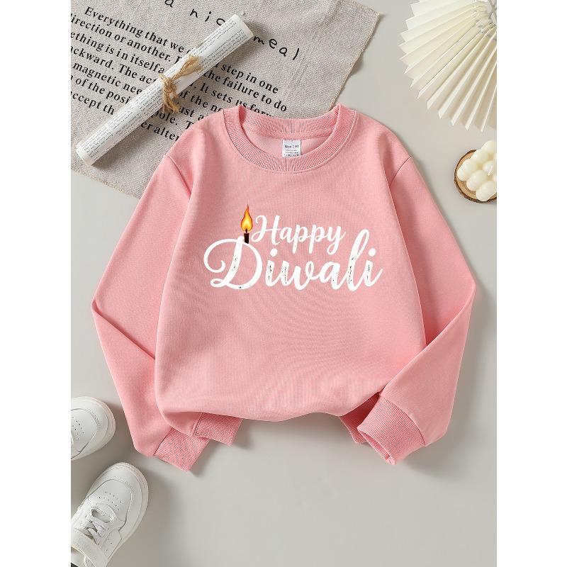 Girls Soft Crewneck SweatshirtHappy Diwali Festival Candle Print Design with Cute Creative Print, Casual All-Match for Fall Winter