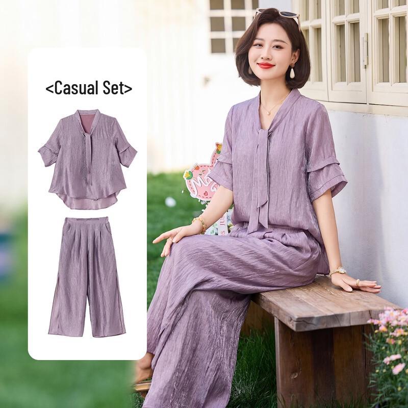 Mom s Summer Tie-Neck T-Shirt and Wide-Leg Pants Set 3XL фиолетовый