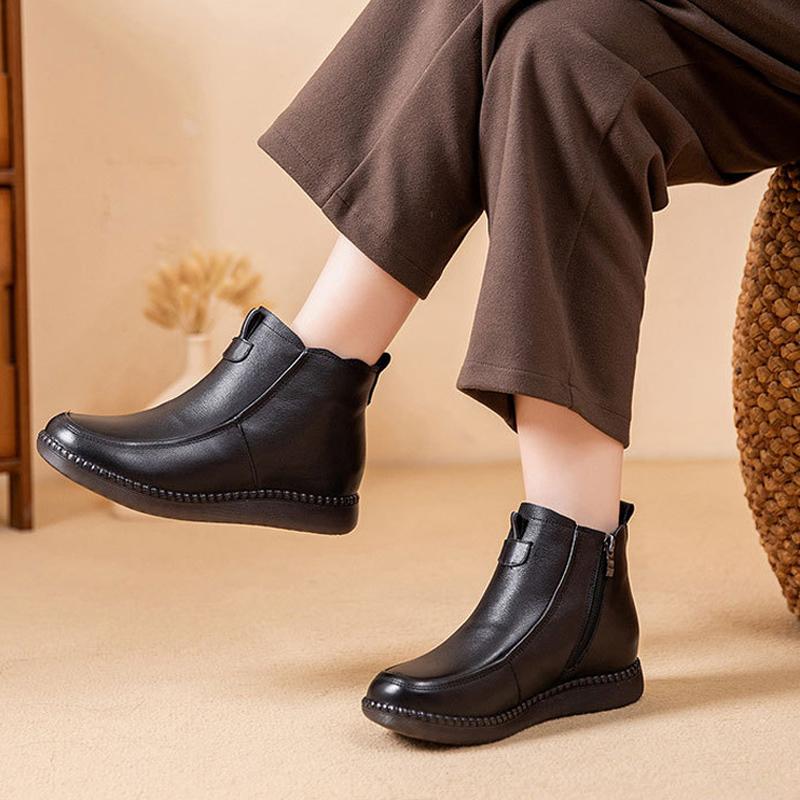 2025 Vinter Ekte Skinn Sko Kvinner Snøstøvler Helt Svart Varm Plysj Britisk Stil Merke Damer Chelsea Boots