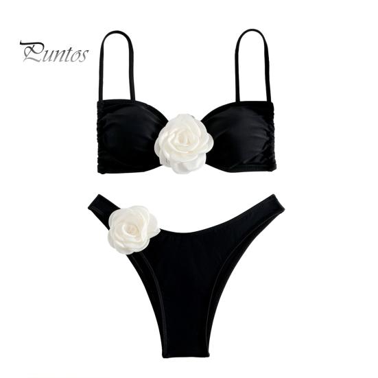 

2 шт./компл. женский комплект бикини с открытыми плечами на шнуровке с искусственным цветочным декором, соответствующий цвету в стиле пэчворк, мягкие съемные подушечки, беспроводная женская пляжная одежда, купальный костюм S чёрный
