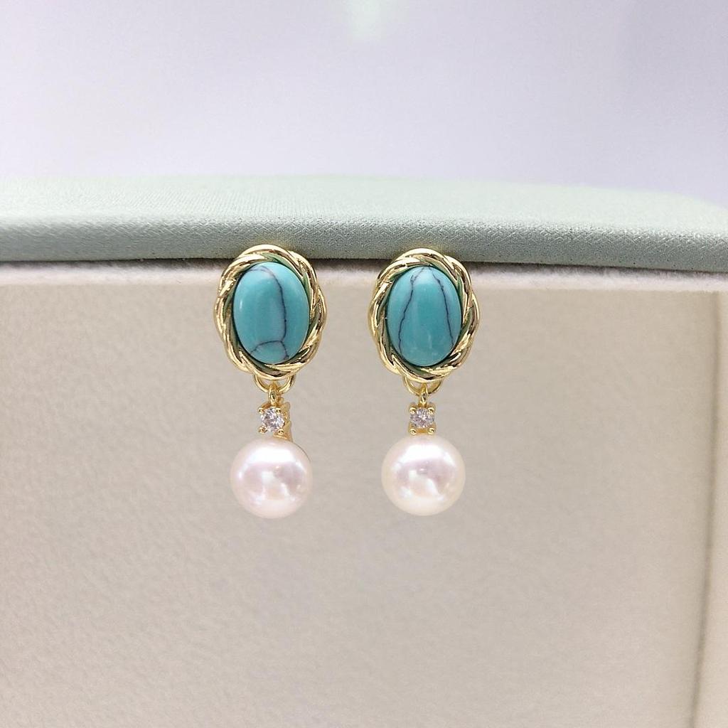 Natural Freshwater Pearl & Turquoise Earrings - Retro Court Style