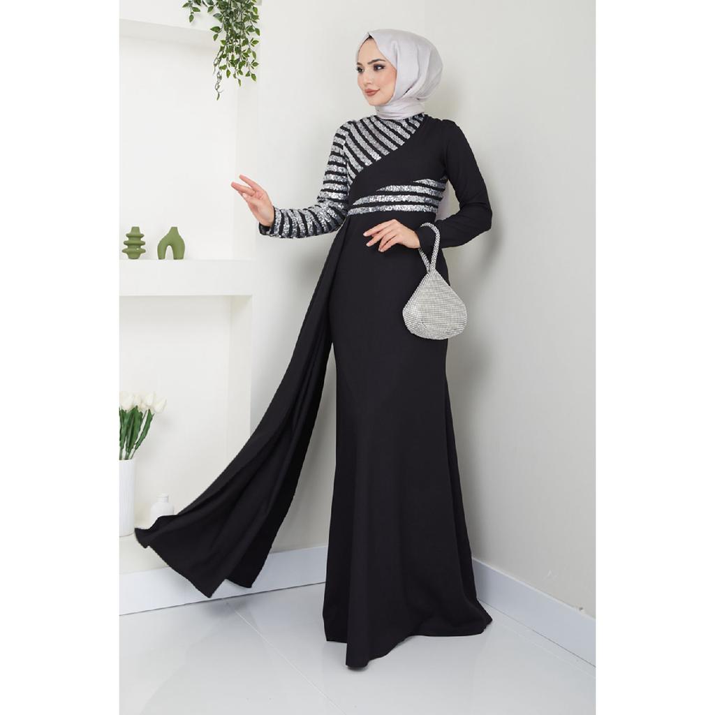 Damenbekleidung Abendkleid Mode Pailletten Cape Hijab Fisch Abendkleid 2711 Schwarz