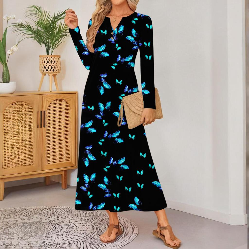 Women Retro Printed Long-sleeved Comfortable Loose Dress, Elegant Dress