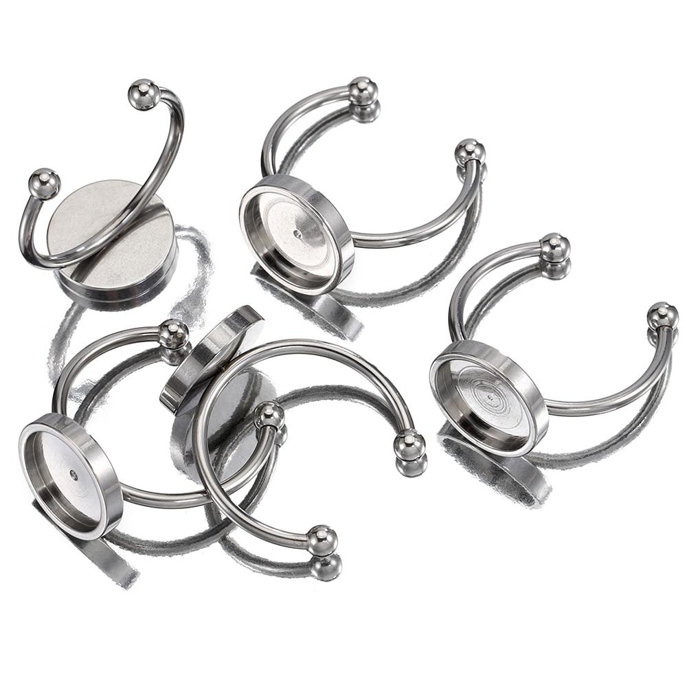 

No Fade 5pcs Stainless Steel Adjustable Open Ring Base Cabochon Cameo Blank Settings Glass Bezel Jewelry Making Accessories 4mm