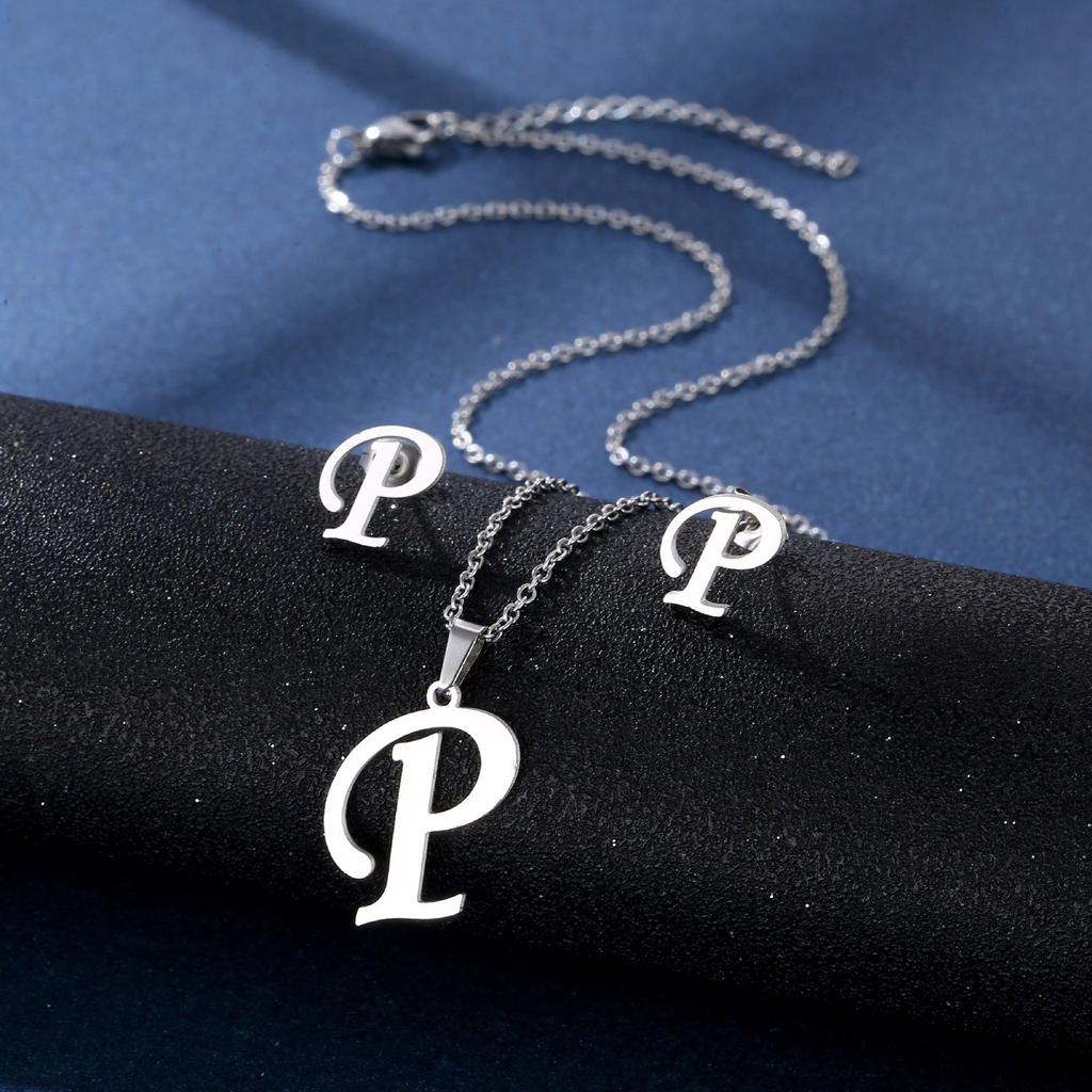 Stainless Steel Letter Pendant Necklace Unisex Jewelry Set Letter Earrings Party Accessory Present for Fashion Lover