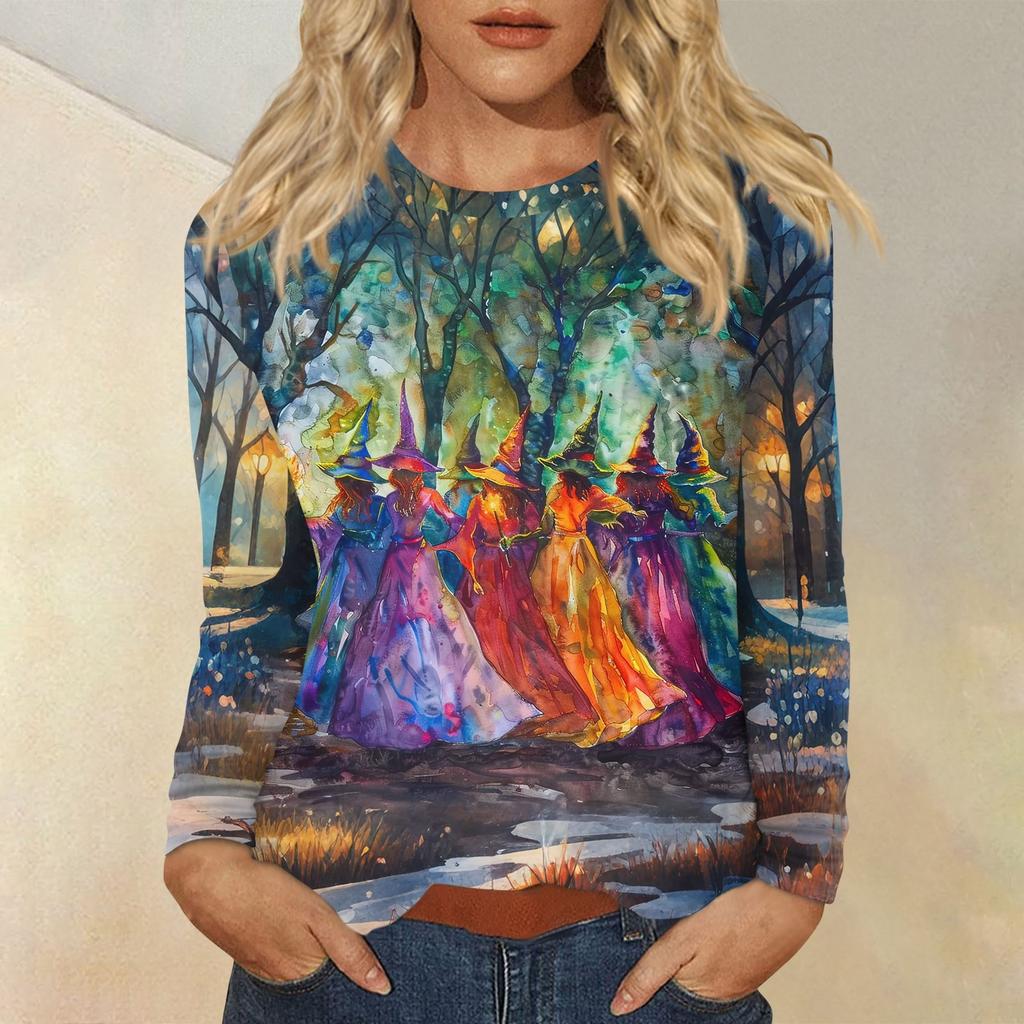 Women's Fashion Casual Halloween Printed Round Neck Long Sleeve Pullover Top