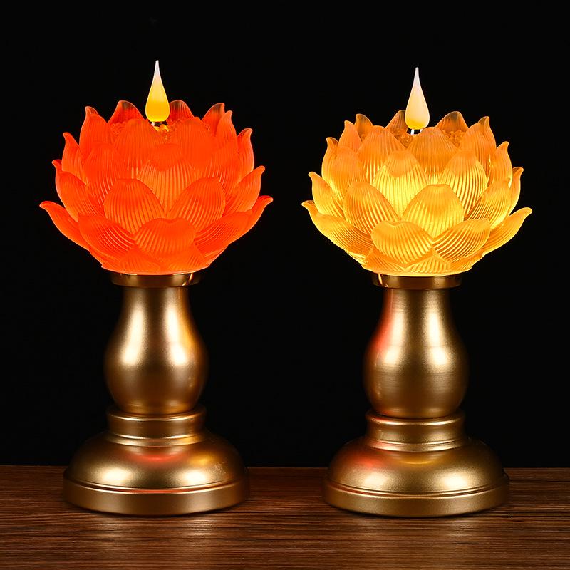 Amber Lotus Flame LED Buddha Offering Lamp - Dual Use: Battery/Plug-in with Floating Candle Holder