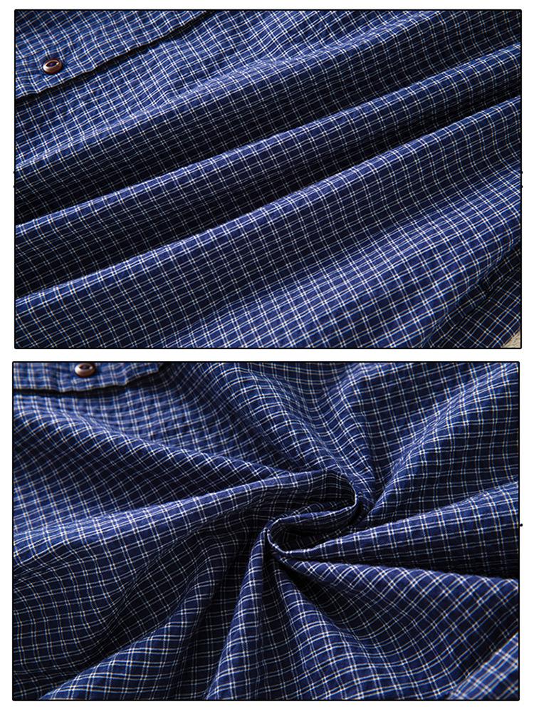 Japanese Style Blue Plaid Cotton Linen Shirt Dress for Women - Summer Short Sleeve Long Layered Design