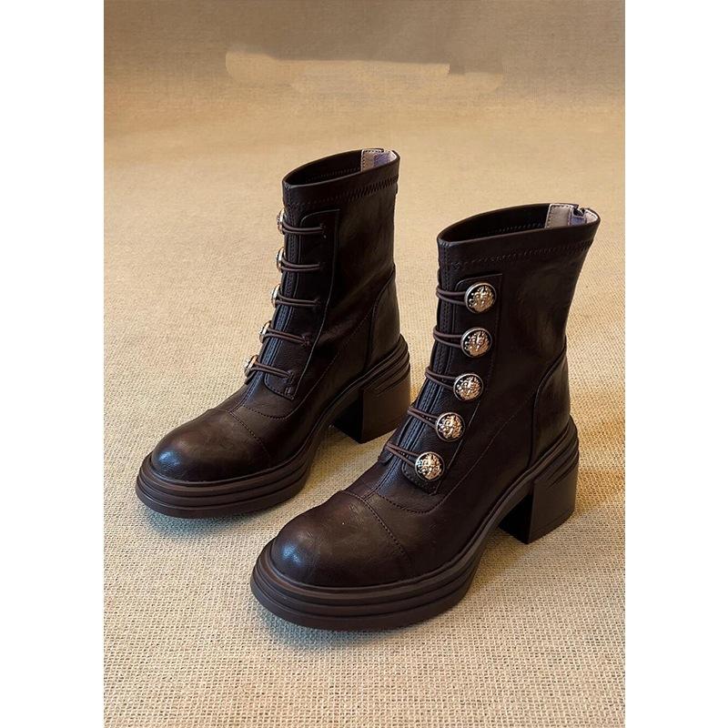 Sheepskin version~ Martin boots women's 2025 new British black round head badge small gold buckle rear zipper high heel short boots