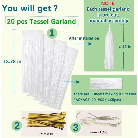 White Tassel Garland 20 Pcs, Tissue Paper Tassels Garland Banner for Party Birthday Wedding Decoration Baby Shower Table Decor