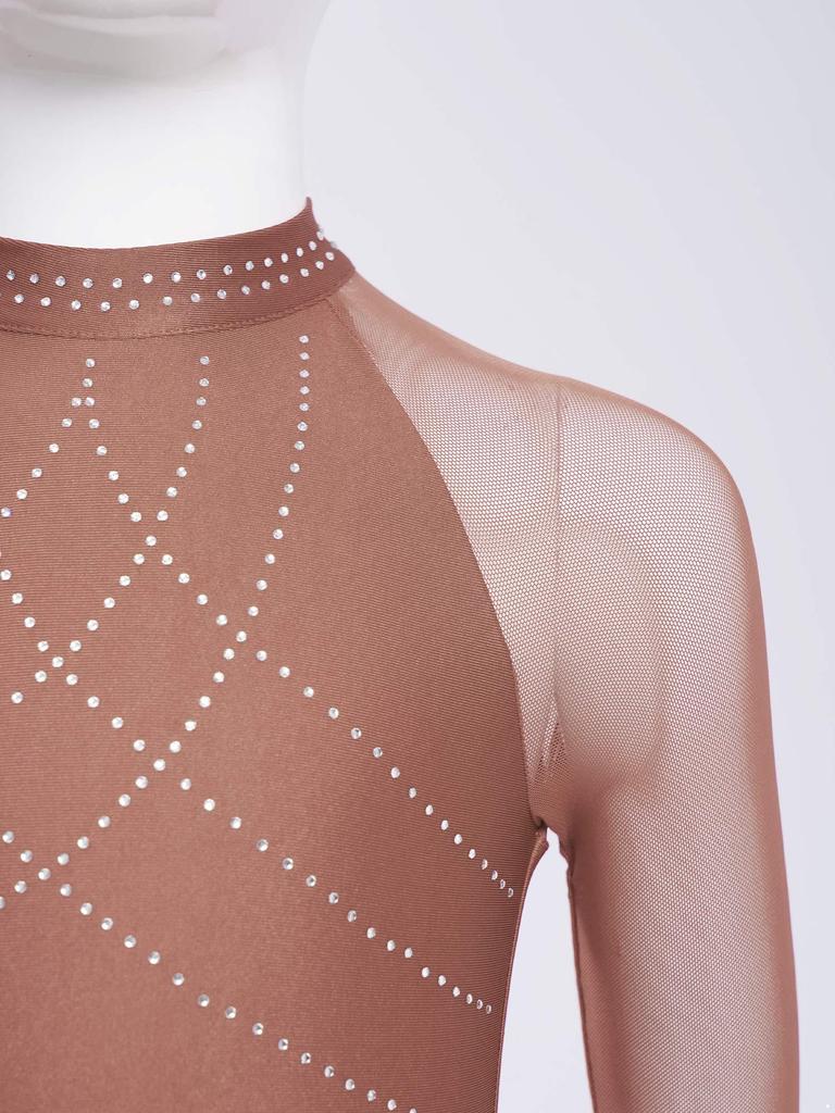Mädchen Performance-Kleid Strasssteine Transparenter Mesh Patchwork Design Fließender Rock mit Schlitz Schlüsselloch-Rücken Body