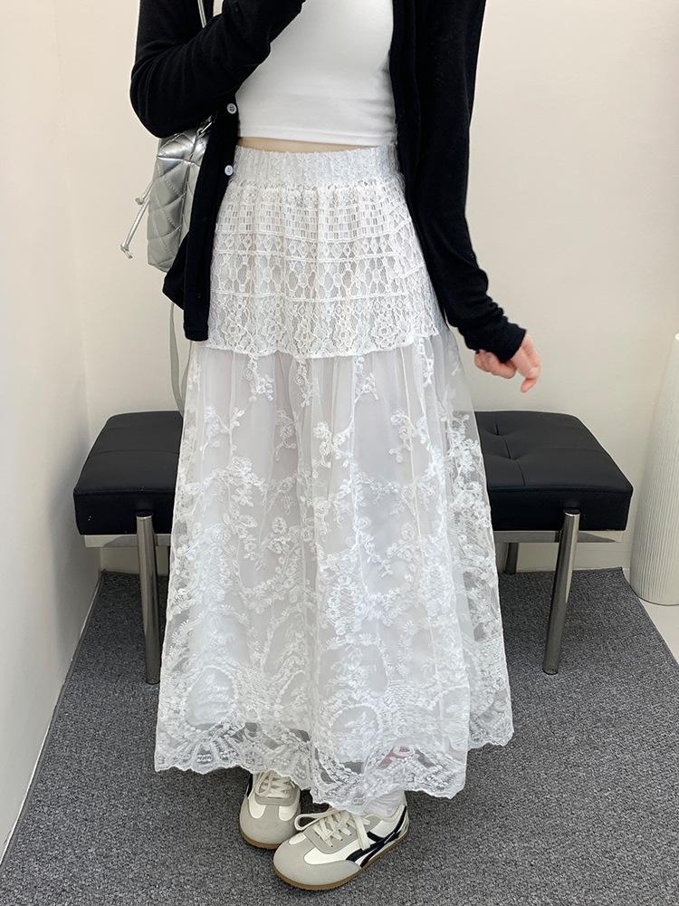 Spring/Summer Lace Crochet Dress: Women's Retro High-Waist A-Line Skirt with Embroidery
