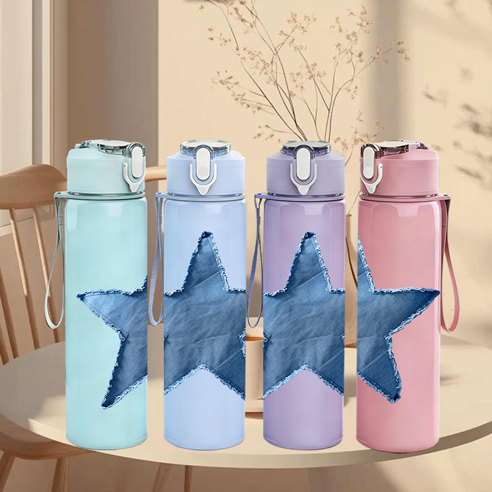 1PC Denim Blue Star 750ml Color Plastic Sports Water Bottle Leakproof Flip Straw Lid Suitable for Sports Office Home Use