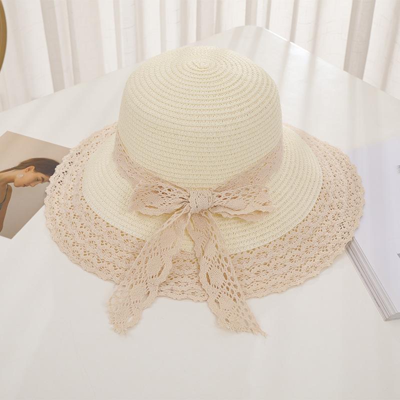New Women's Summer UV Protection Sweet Ribbon Seaside Vacation Sunshade Bucket Hat Bow Large Brim Straw Hat