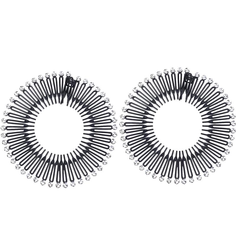 

2pcs Rhinestone Plastic Full Circle Stretch Diamond Flexible Comb Teeth Headband Hair Band Clip Face Wash Fixed Hair Accessories