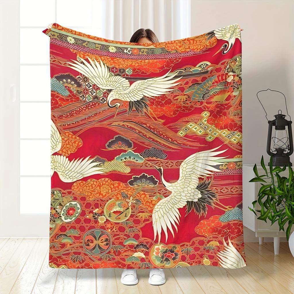 Traditional Crane Floral Flannel Blanket AntiAllergenic Washable RedOrangeGreenBrown AllSeason HomeOfficeTravel