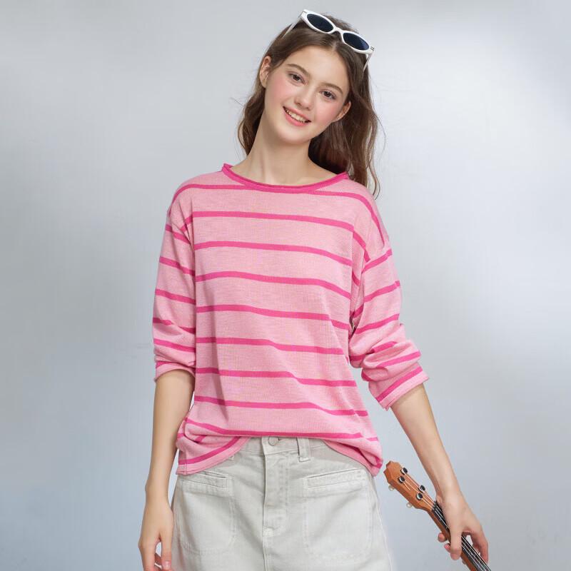 Koreanischer Stil Lässiger Schnitt Gestreiftes Langarm-Rundhals-T-Shirt