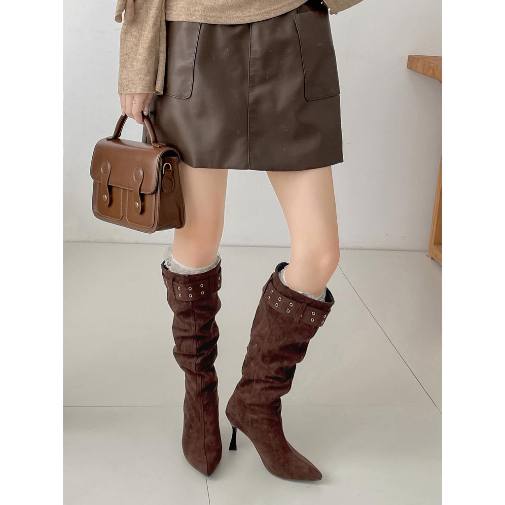 Vintage Black Stiletto Boots Children's Boots 2025 New Autumn with Skirt Maillard Pointed Knight Boots