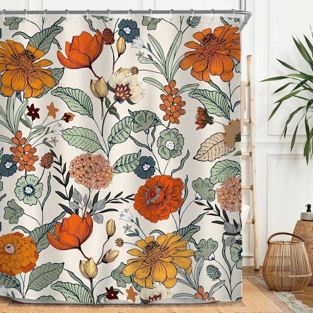 Colorful Flower Blossom Vintage Shower Curtain Set 60Wx71H Inches Art Oil Painting Retro Botanical Polyester Waterproof