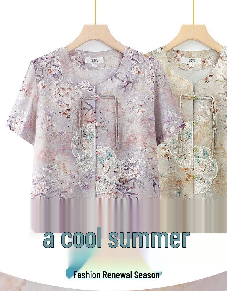 Chinese Style Summer Suit: Short-Sleeved Shirt & Cardigan Set for Middle-Aged and Elderly Women