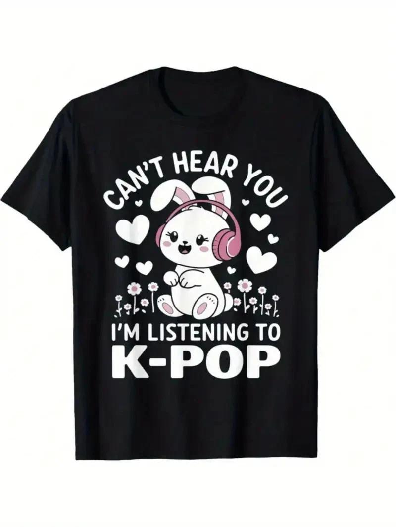 Милая графическая футболка K-Pop с ушками кролика - 100% хлопок, свободный крой, короткий рукав XXXXL