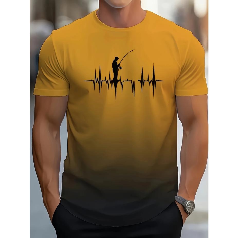 Vibrant Style| Big & Tall Men's Gradient Fishing Graphic Tee - Casual Polyester Short Sleeve, Summer Print with Heartbeat Fishing Gear, PLUS SIZE