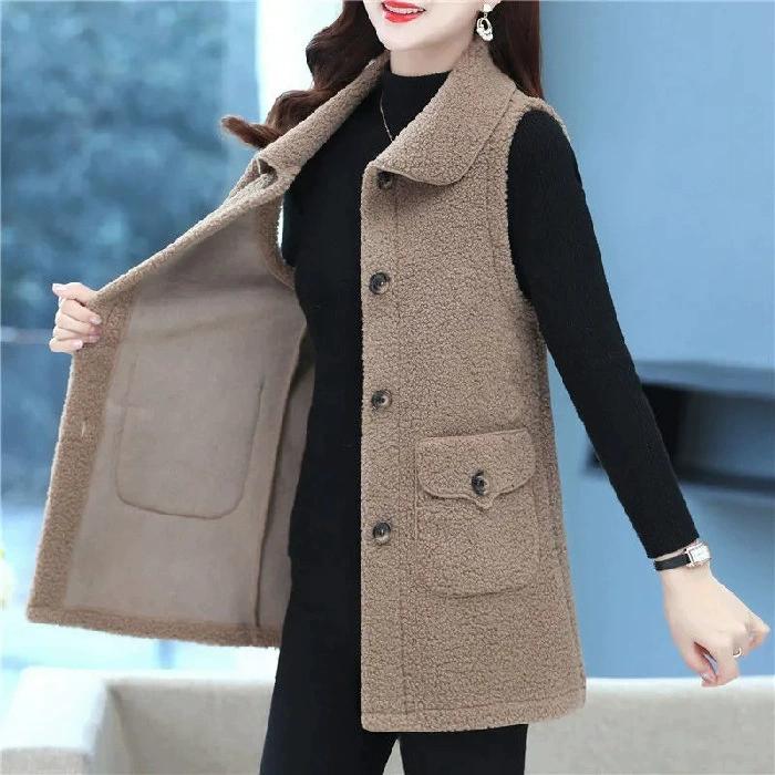 Lamb Wool Middle-aged and Elderly Vest Women's Jacket Plus Velvet Thickened Mother's Sleeveless Vest Button Vest