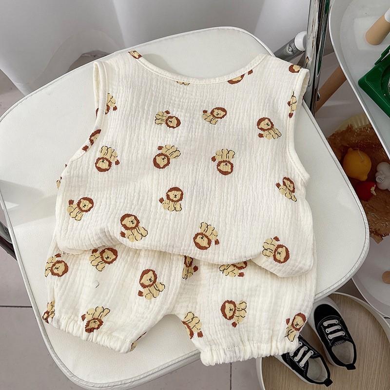 New Arrival Korean Style Cute Baby Gauze Homewear Set Children's Breathable Loose Sleeveless Shorts 2-Piece Set
